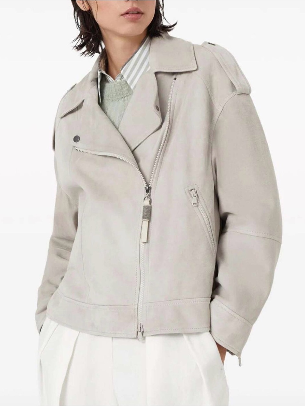 NWT$6995 Brunello Cucinelli Women Leather Suede Moto Jacket W/Beading Sz 42
